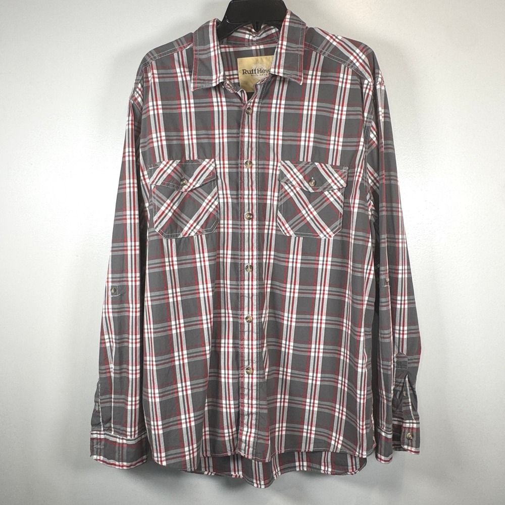 RuffHewn Well Worn Mens XL Plaid‎ Button Down Shirt Grey Red Cotton Long Sleeve